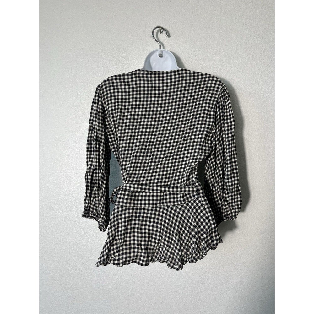 Ganni Gingham Wrap Top Balloon Sleeve Black White Blouse Women’s Size EU 38/US 6 - Picture 6 of 9